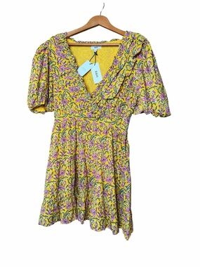 Rahi Del Sole Chiara Mini Dress Yellow Floral Ruffle Puff Sleeve NWT SZ-L